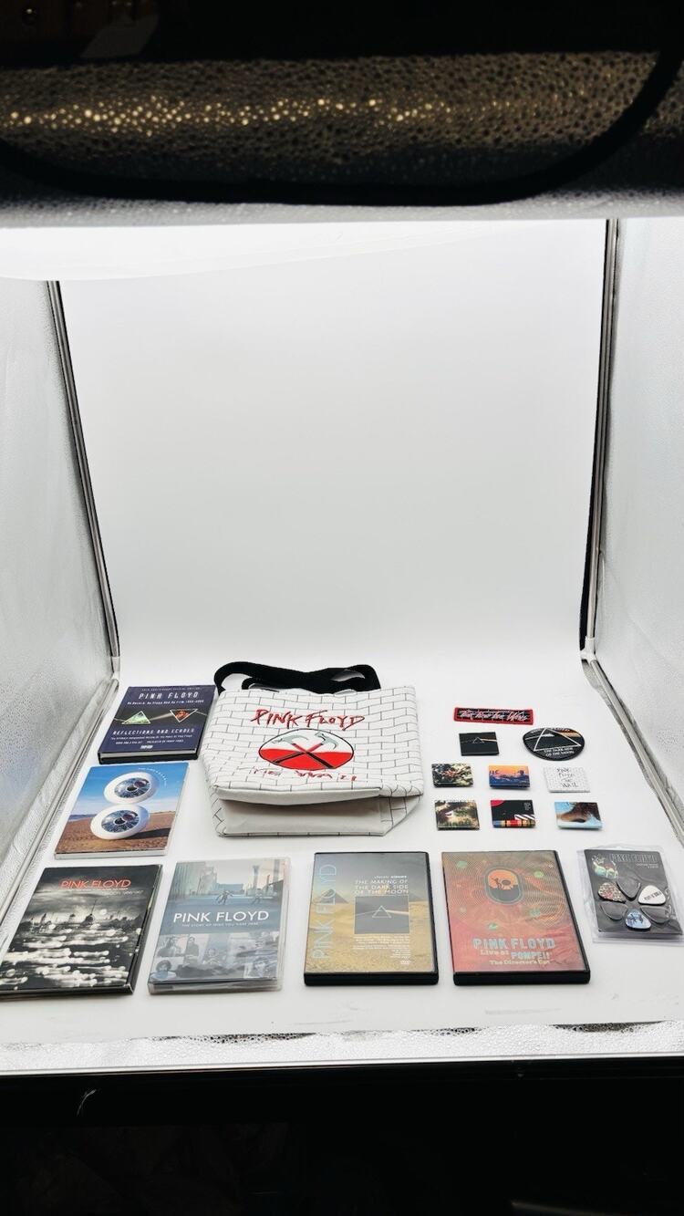Lot of Pink Floyd Items - Bag, DVD’s, Pins, Guitar Picks And Patches